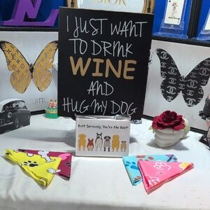 Love My Dog (And Wine) Bundle Inc. Sign, Note Cards And 4 Different Dog Bandanas